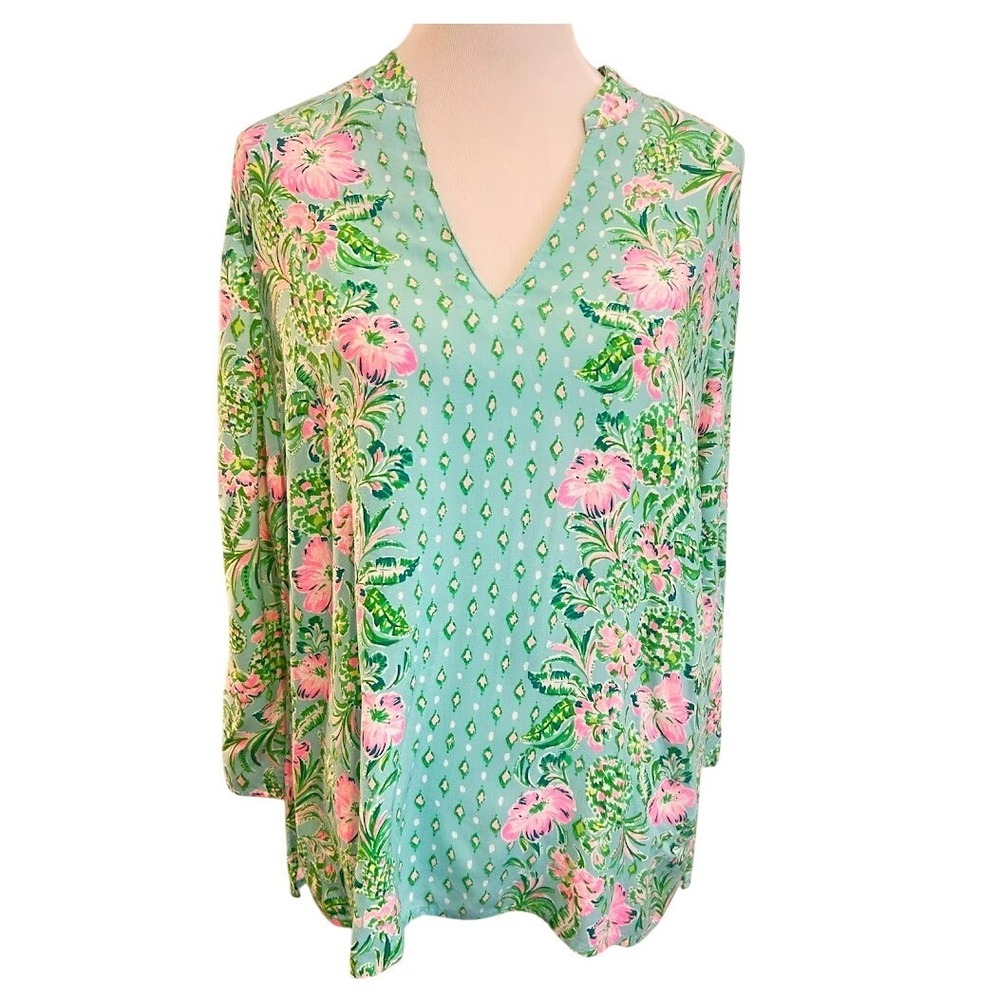 Lilly Pulitzer Elsa Top Aqua Pink Floral Pineapple‎ Blouse Large